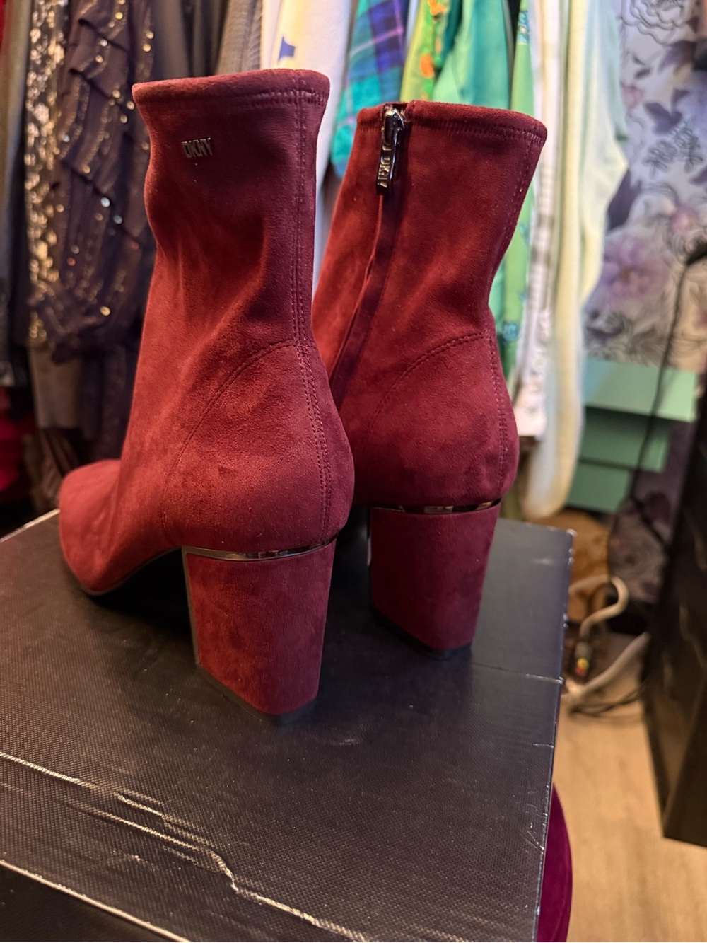 DKNY Wine Suede Block Heel Ankle Boots - Picture 4 of 7